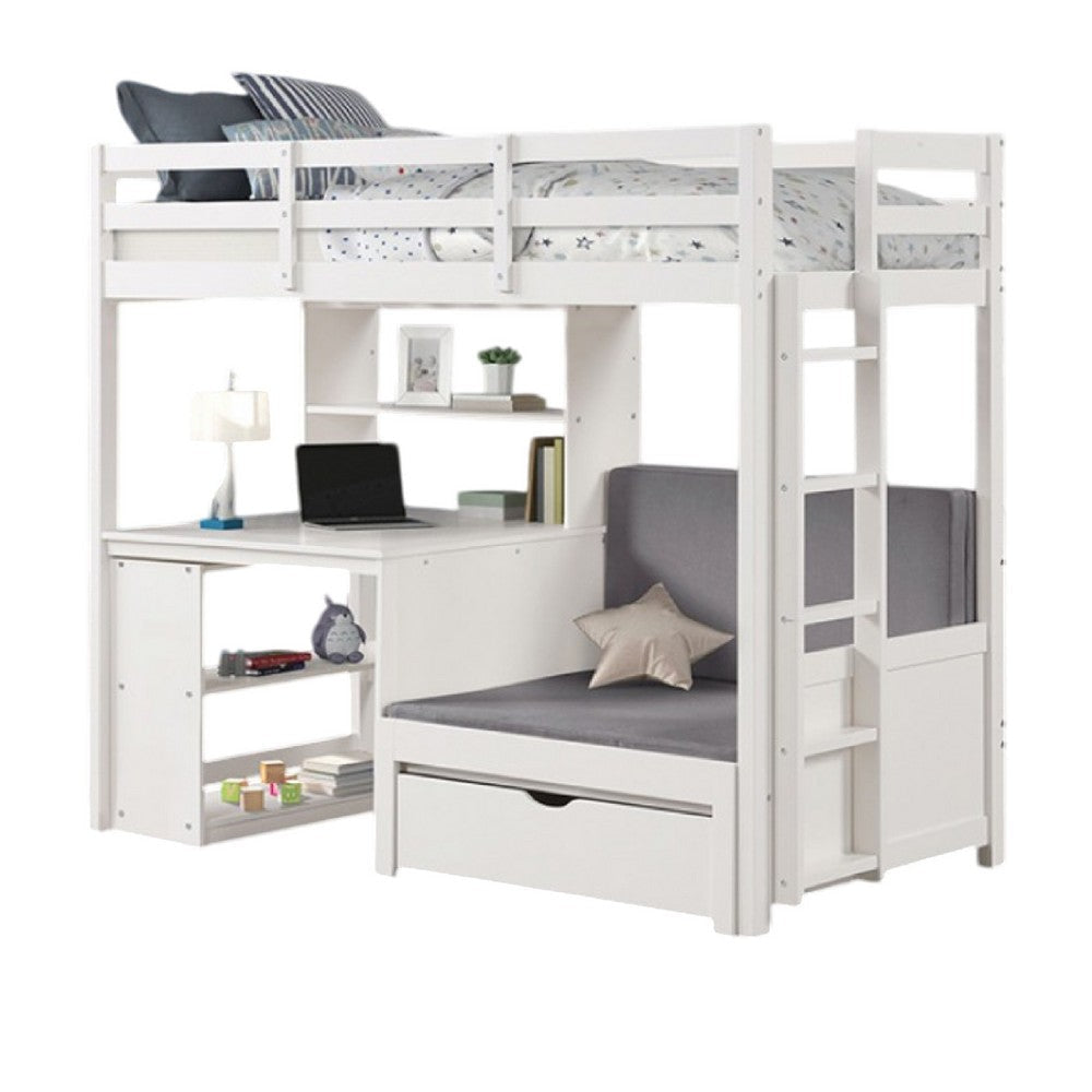 Sirius Twin Loft Bed with Writing Desk | Shelf Unit | White Pine Wood BM333621