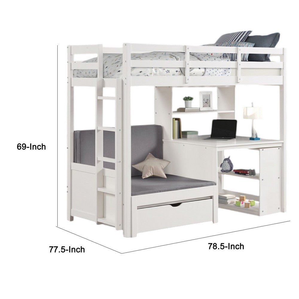 Sirius Twin Loft Bed with Writing Desk | Shelf Unit | White Pine Wood BM333621