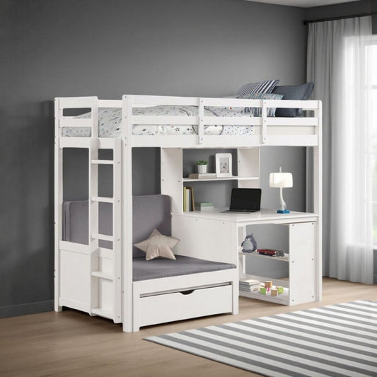 Sirius Twin Loft Bed with Writing Desk | Shelf Unit | White Pine Wood
