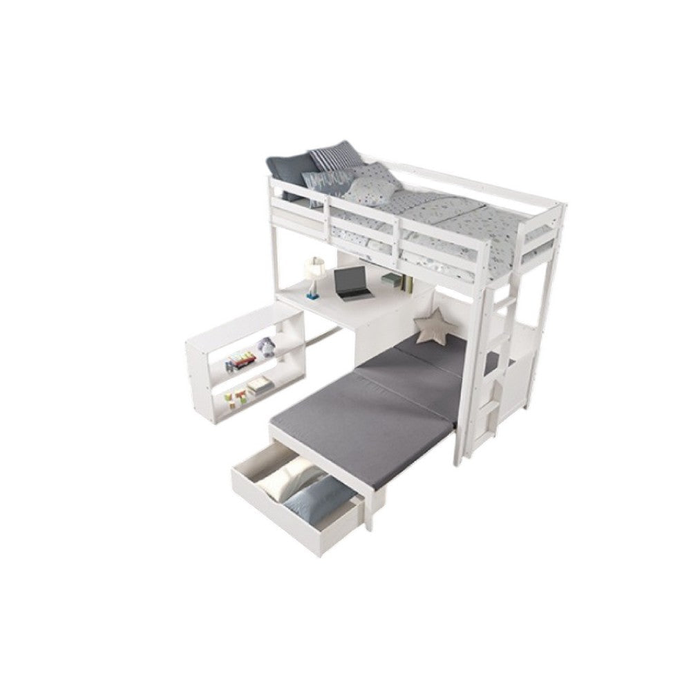Sirius Twin Loft Bed | Bookcase and Desk | Shelf Unit White Pine Wood BM333622