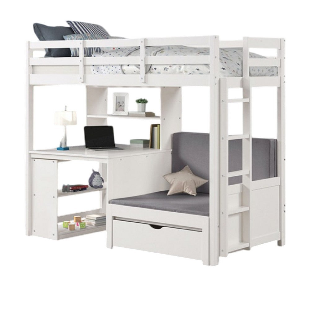 Sirius Twin Loft Bed | Bookcase and Desk | Shelf Unit White Pine Wood