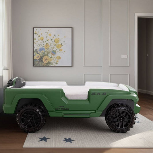 Randy SUV Twin Bed with Lights and Sound Effects | Green Faux Leather