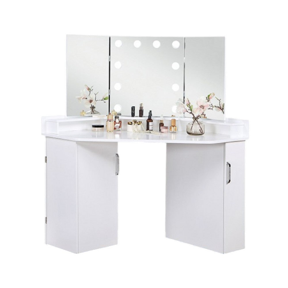 Laura Vanity Desk Set | 3 Panel Mirror | 10 Light Bulbs | White Wood BM333629