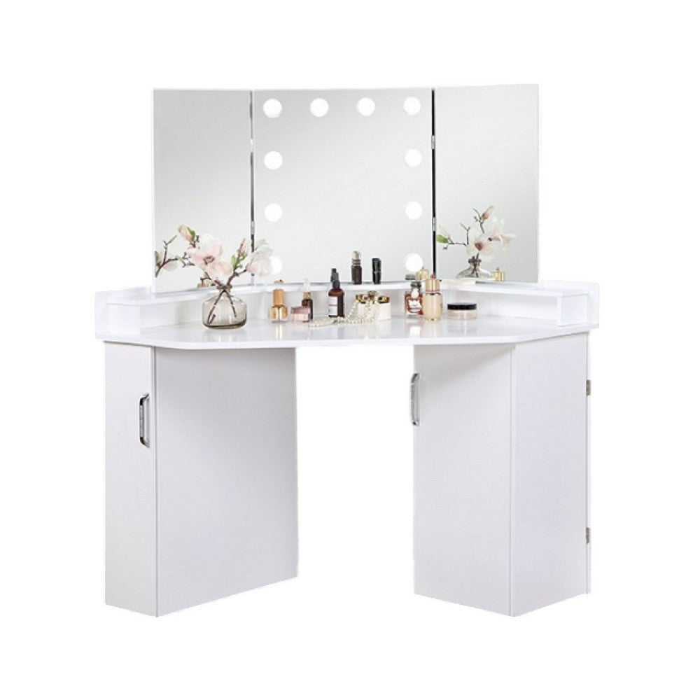 Laura Vanity Desk Set | 3 Panel Mirror | 10 Light Bulbs | White Wood