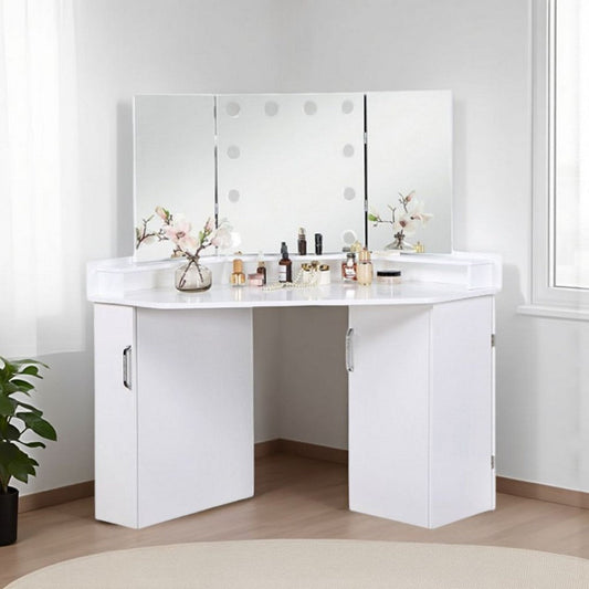 Laura Vanity Desk Set | 3 Panel Mirror | 10 Light Bulbs | White Wood