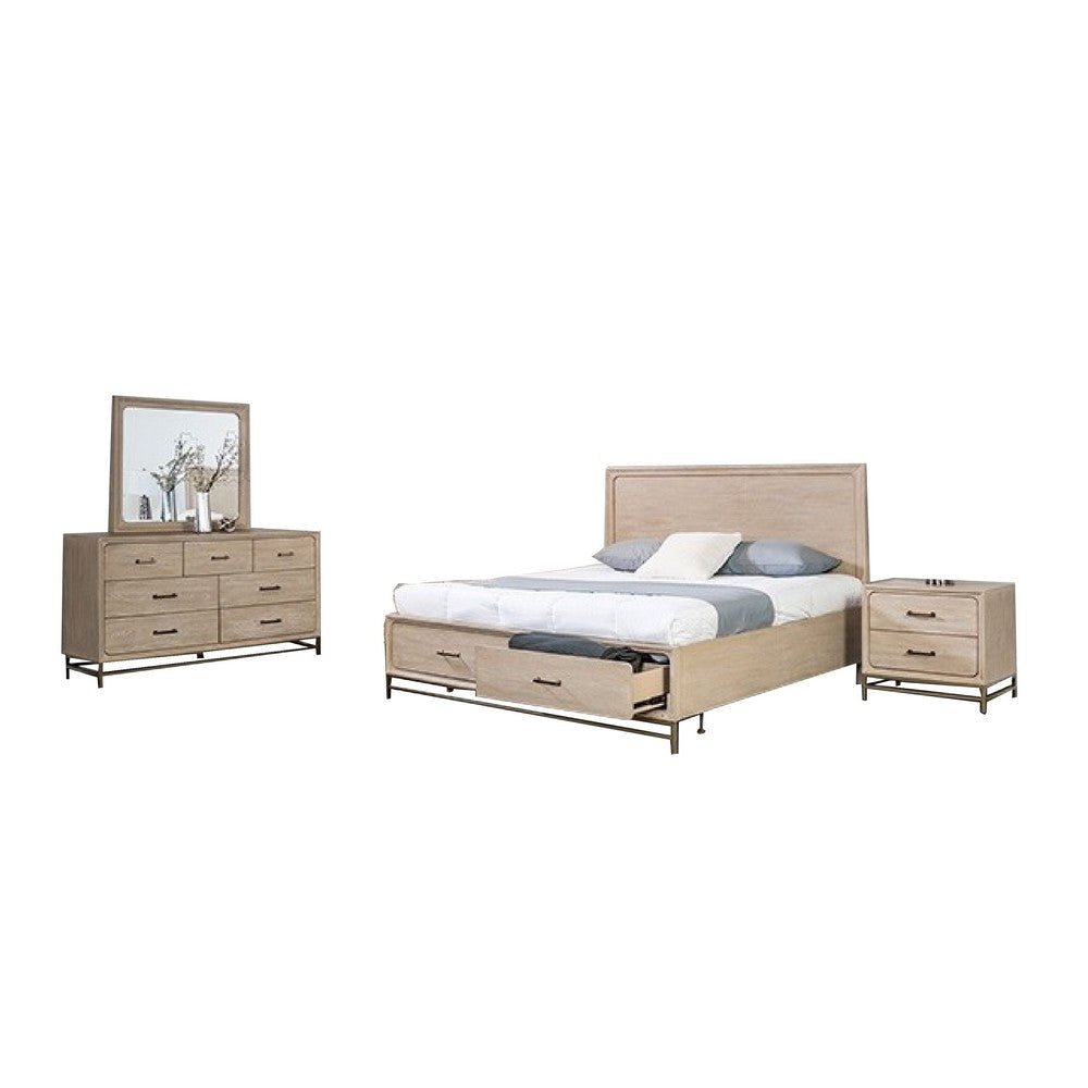 Rozie 5pc Queen Bedroom Set | Mirror | 2 Nightstand | Light Oak Brown