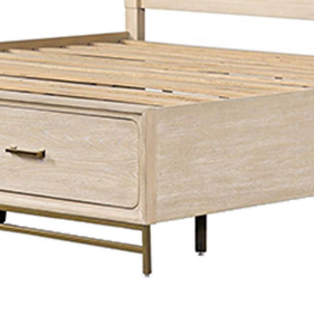 Rozie Queen Bed | Footboard Storage Drawers | Light Brown Solid Wood
