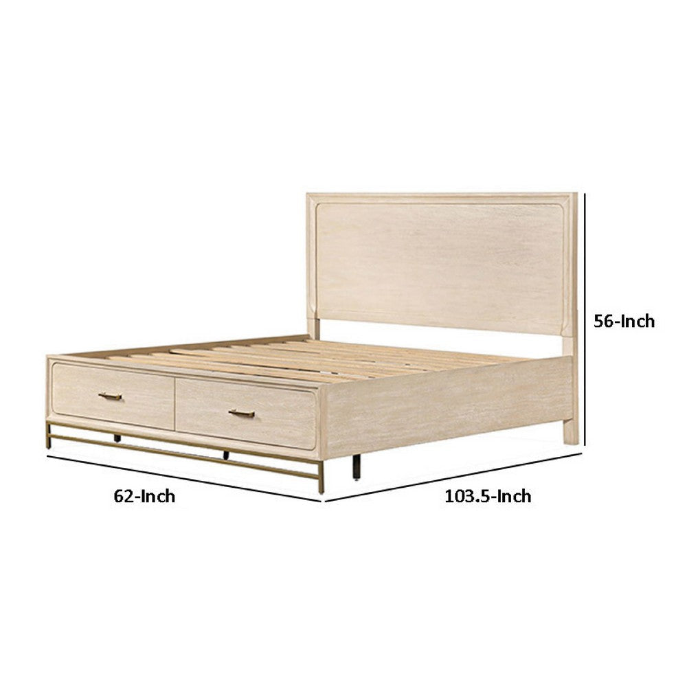 Rozie Queen Bed | Footboard Storage Drawers | Light Brown Solid Wood