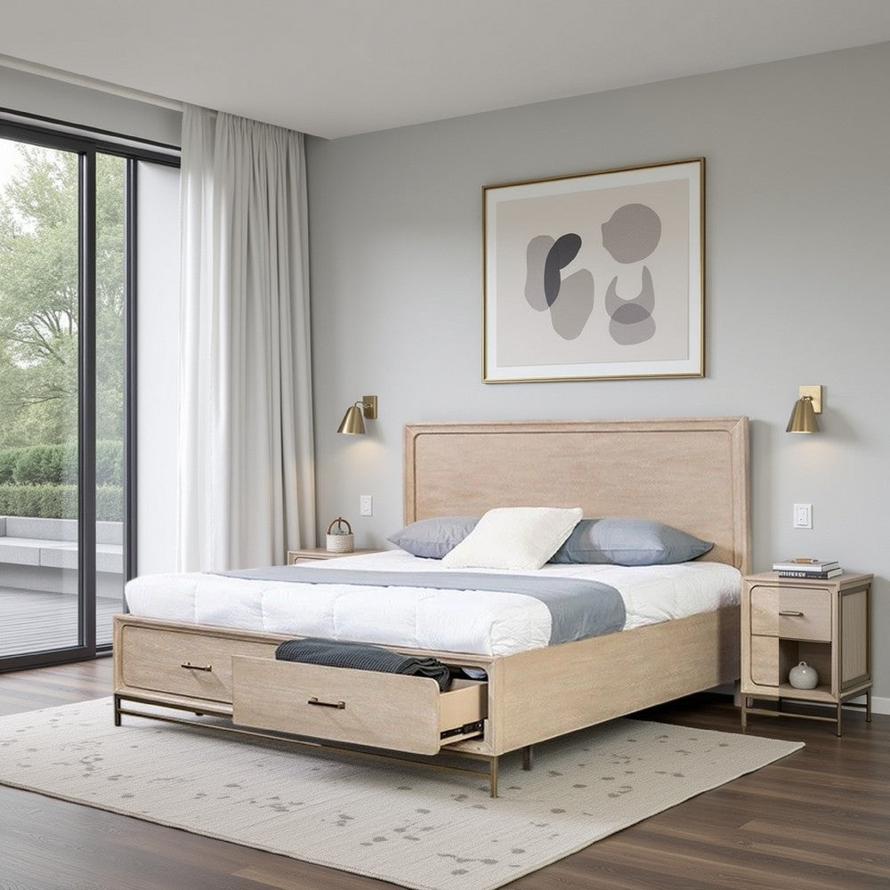 Rozie Queen Bed | Footboard Storage Drawers | Light Brown Solid Wood