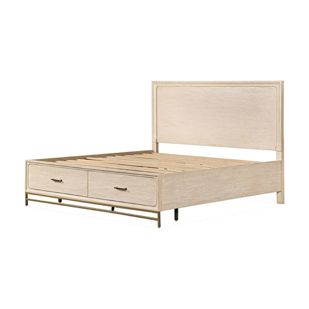 Rozie Queen Bed | Footboard Storage Drawers | Light Brown Solid Wood