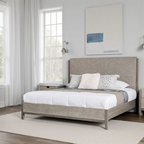 Rizvi King Bed | Upholstered Headboard | Beveled Mirror | Gray Wood