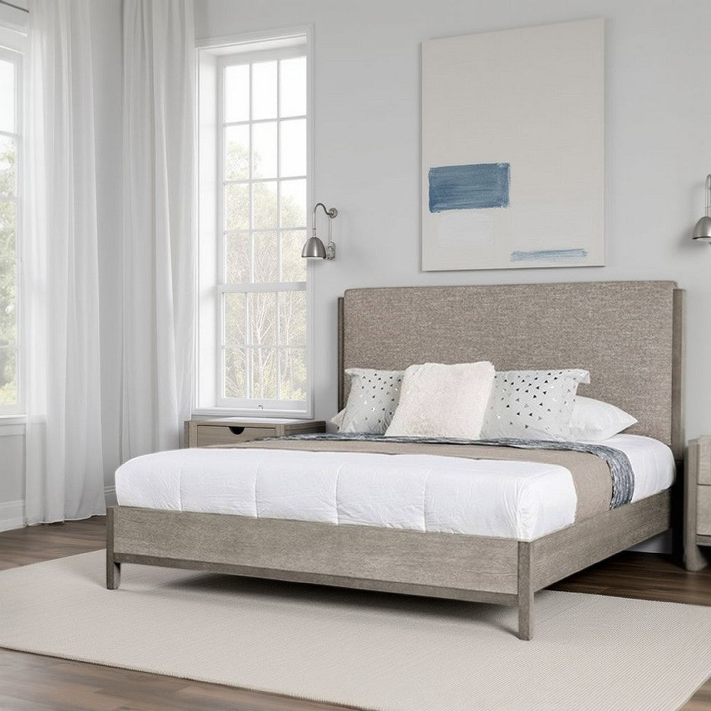 Rizvi King Bed | Upholstered Headboard | Beveled Mirror | Gray Wood