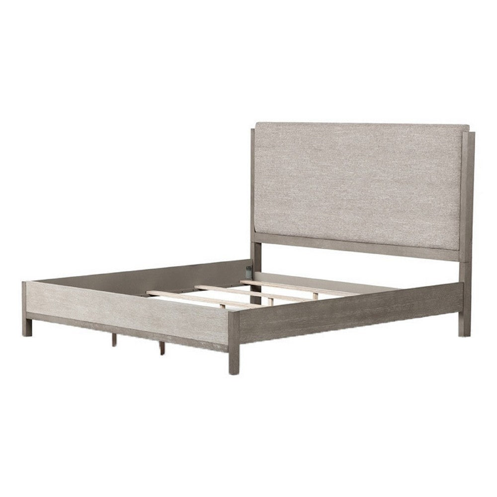Rizvi Queen Size Bed | Upholstered Headboard | Gray | Solid Wood