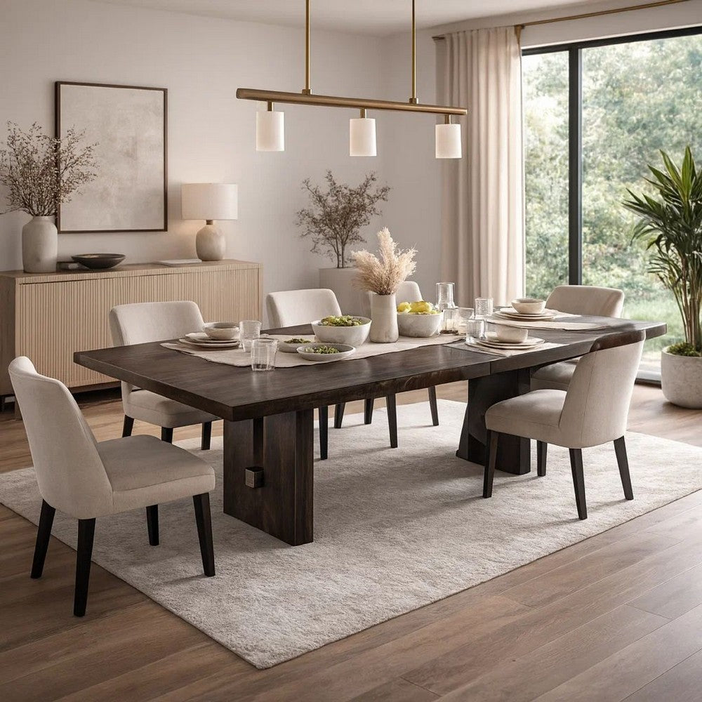 Mordy Dining Table, Walnut Brown Solid Wood 90-108 Inch Expandable Leaf