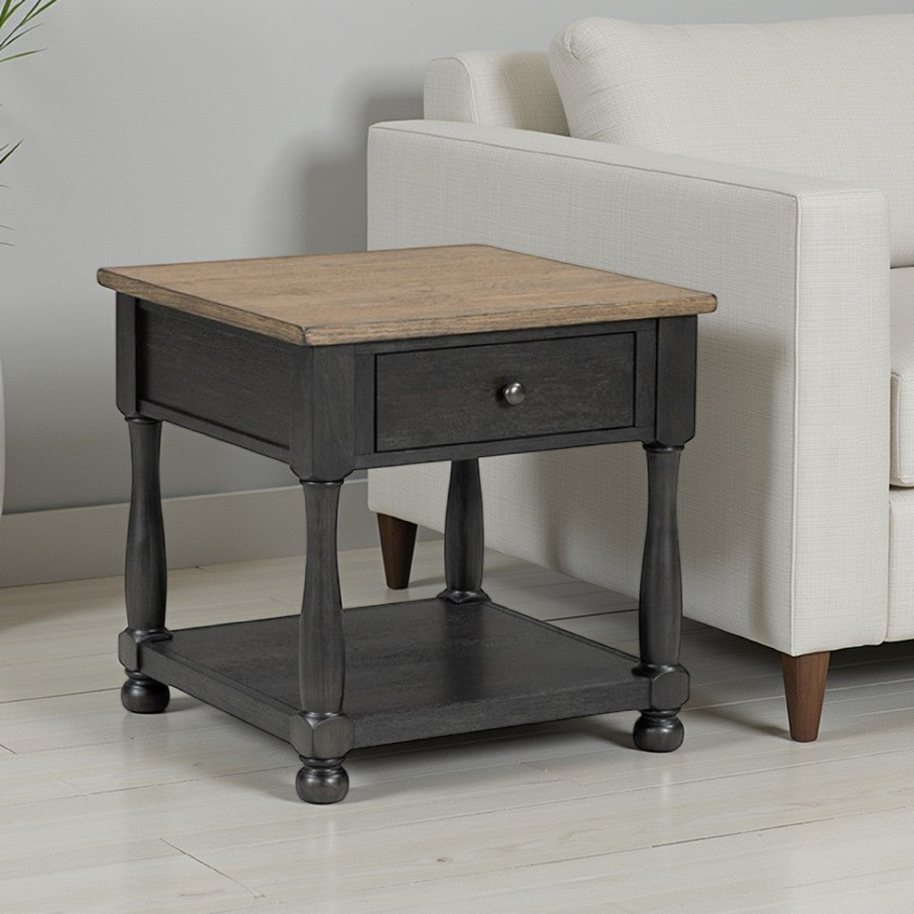 Ginie End Table | 1 Drawer | Black and Brown Solid Rubberwood | 24"