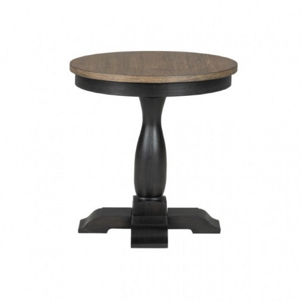Ginie Round End Table | Rustic Black Brown Solid Rubberwood | 24"