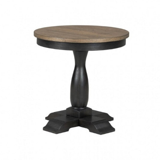 Ginie Round End Table | Rustic Black Brown Solid Rubberwood | 24"