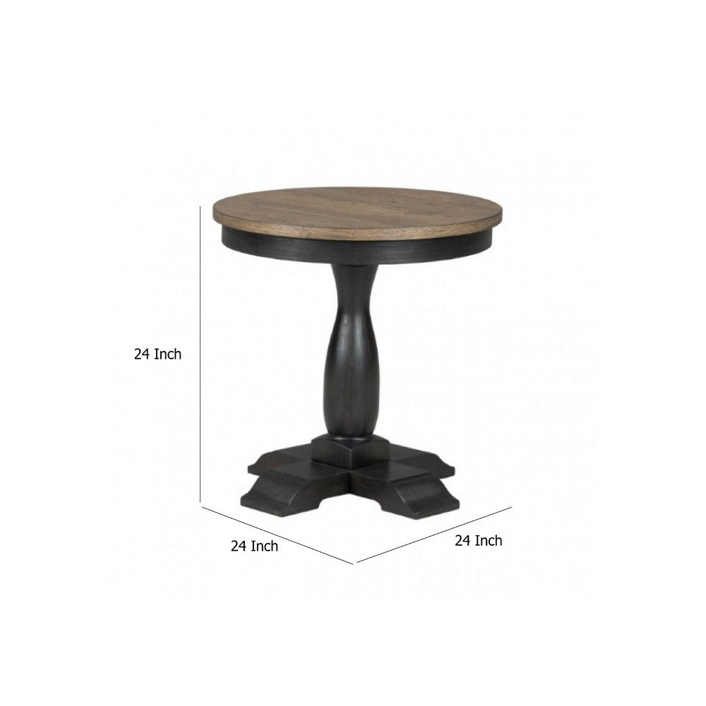 Ginie Round End Table | Rustic Black Brown Solid Rubberwood | 24"