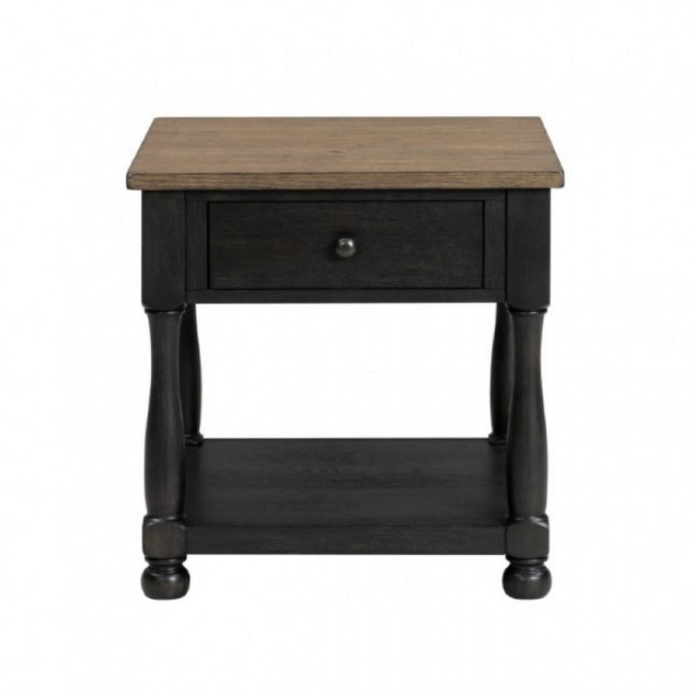Ginie Chairside End Table | 1 Drawer | Black Brown Solid Wood | 24’’