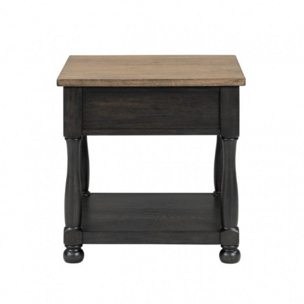 Ginie Chairside End Table | 1 Drawer | Black Brown Solid Wood | 24’’