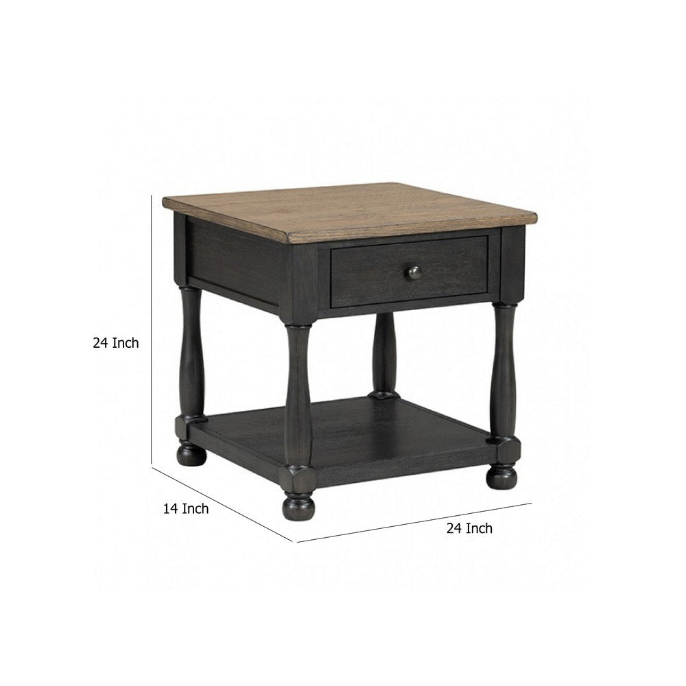 Ginie Chairside End Table | 1 Drawer | Black Brown Solid Wood | 24’’