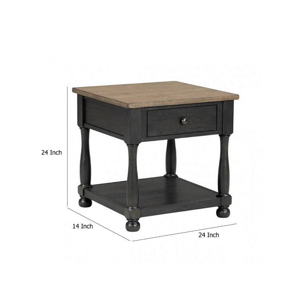 Ginie Chairside End Table | 1 Drawer | Black Brown Solid Wood | 24"