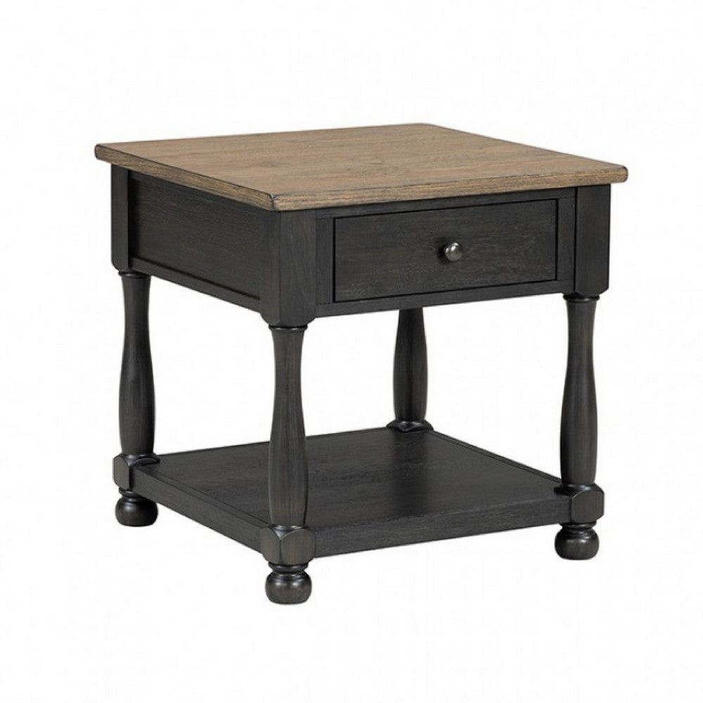 Ginie Chairside End Table | 1 Drawer | Black Brown Solid Wood | 24"