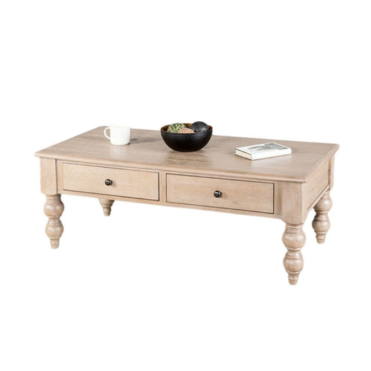 Cherie Coffee Table | 2 Drawers | Light White Washed Solid Wood | 52"