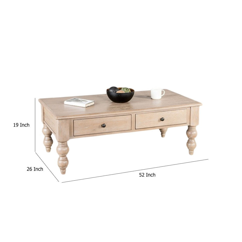 Cherie Coffee Table | 2 Drawers | Light White Washed Solid Wood | 52’’ BM333753