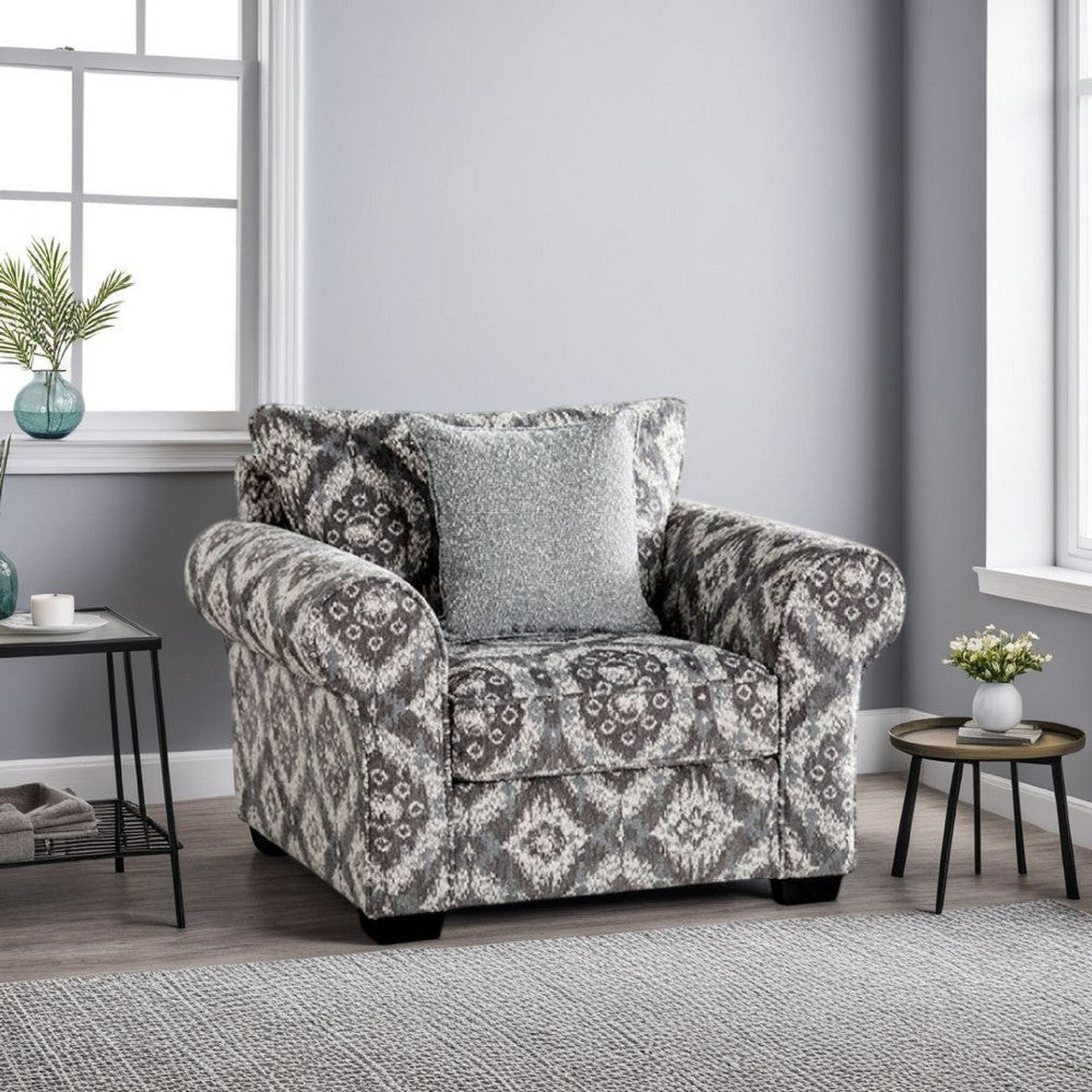 Berrie Accent Chair | 1 Throw Pillow | Geometric Gray White Polyester