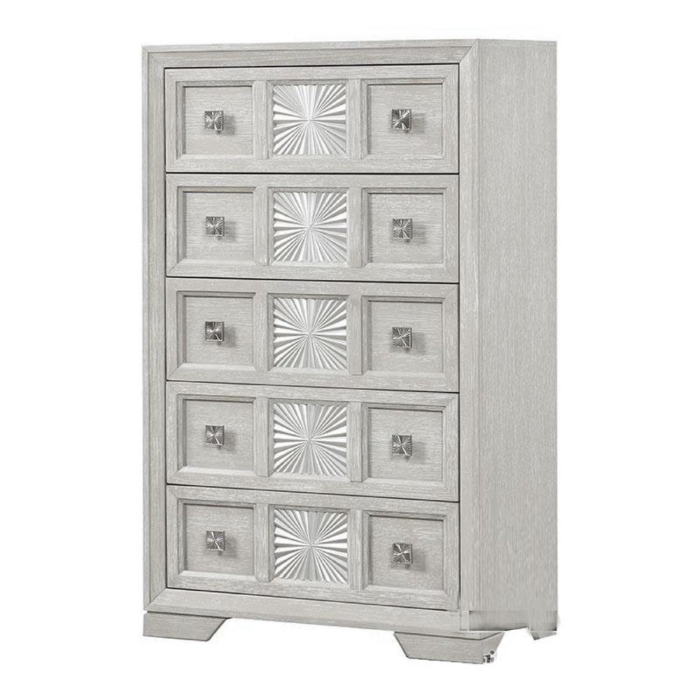 Diaz Tall Dresser Chest | 5 Drawers | Sunburst Metal Design Light Gray BM333782