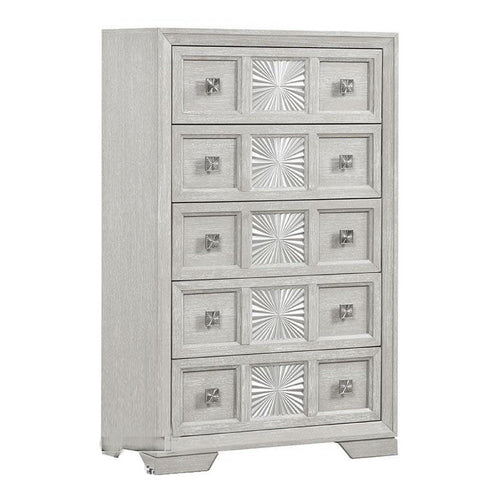 Diaz Tall Dresser Chest | 5 Drawers | Sunburst Metal Design Light Gray