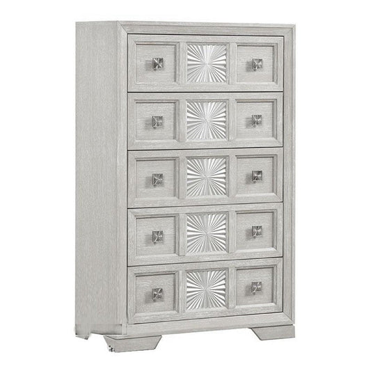 Diaz Tall Dresser Chest | 5 Drawers | Sunburst Metal Design Light Gray