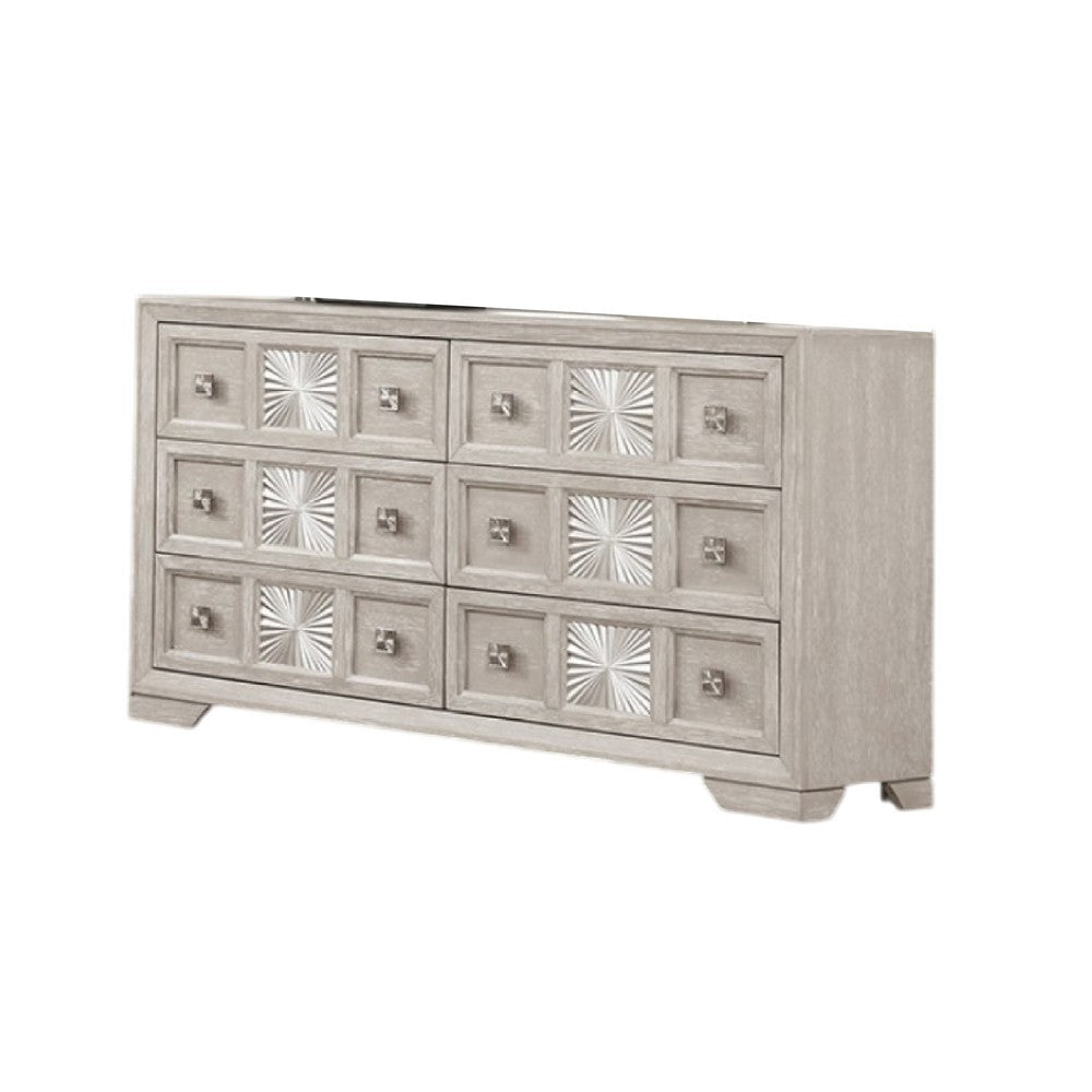 Diaz Wide Dresser | 6 Drawers | Sunburst Metal Design Light Gray Wood BM333783