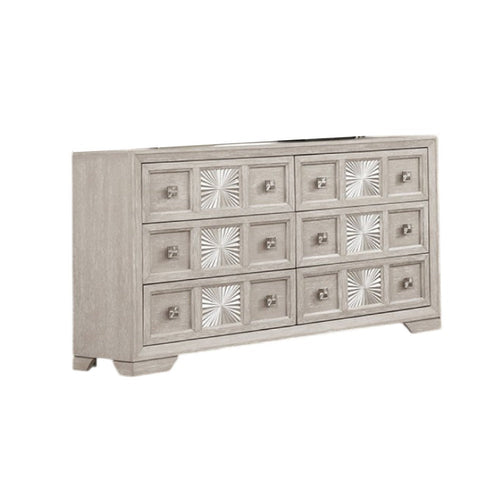 Diaz Wide Dresser | 6 Drawers | Sunburst Metal Design Light Gray Wood