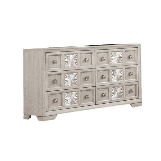 Diaz Wide Dresser | 6 Drawers | Sunburst Metal Design Light Gray Wood