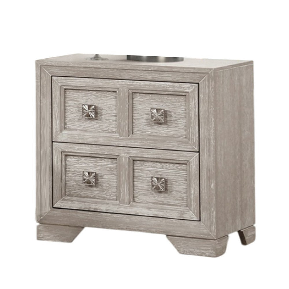Diaz Nightstand with 2 Drawers | Sunburst Design | Light Gray Wood BM333785