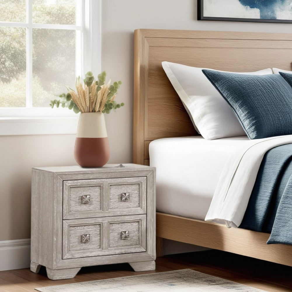 Diaz Nightstand with 2 Drawers | Sunburst Design | Light Gray Wood