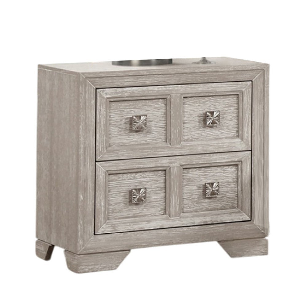 Diaz Nightstand with 2 Drawers | Sunburst Design | Light Gray Wood