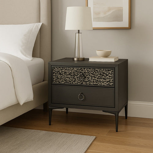 Kaira Nightstand | 2 USB Ports | Textured Metal Accents Espresso Brown