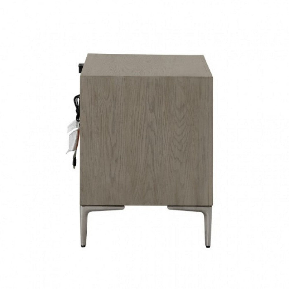 Kaira Nightstand | 2 USB Ports and Textured Metal | Natural Oak Brown BM333798