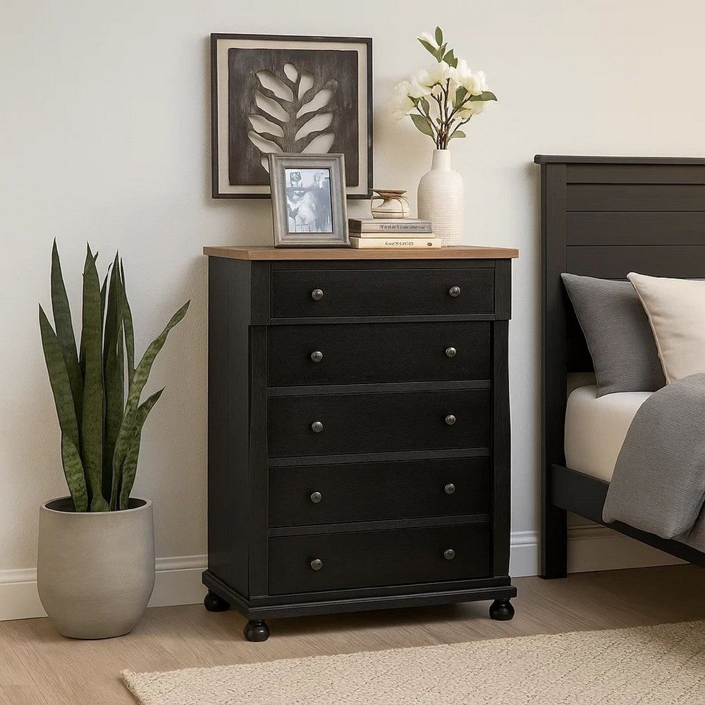 Ginie Tall Dresser Chest | 5 Drawers and Farmhouse Legs | Black Brown