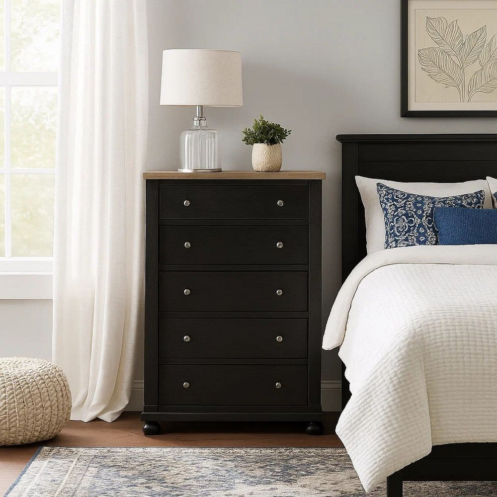 Ginie Tall Dresser Chest | 5 Drawers and Farmhouse Legs | Black Brown