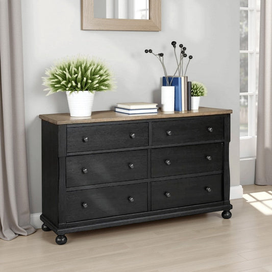 Ginie 64" Dresser | 5 Drawers and Farmhouse Legs | Black Brown Oak