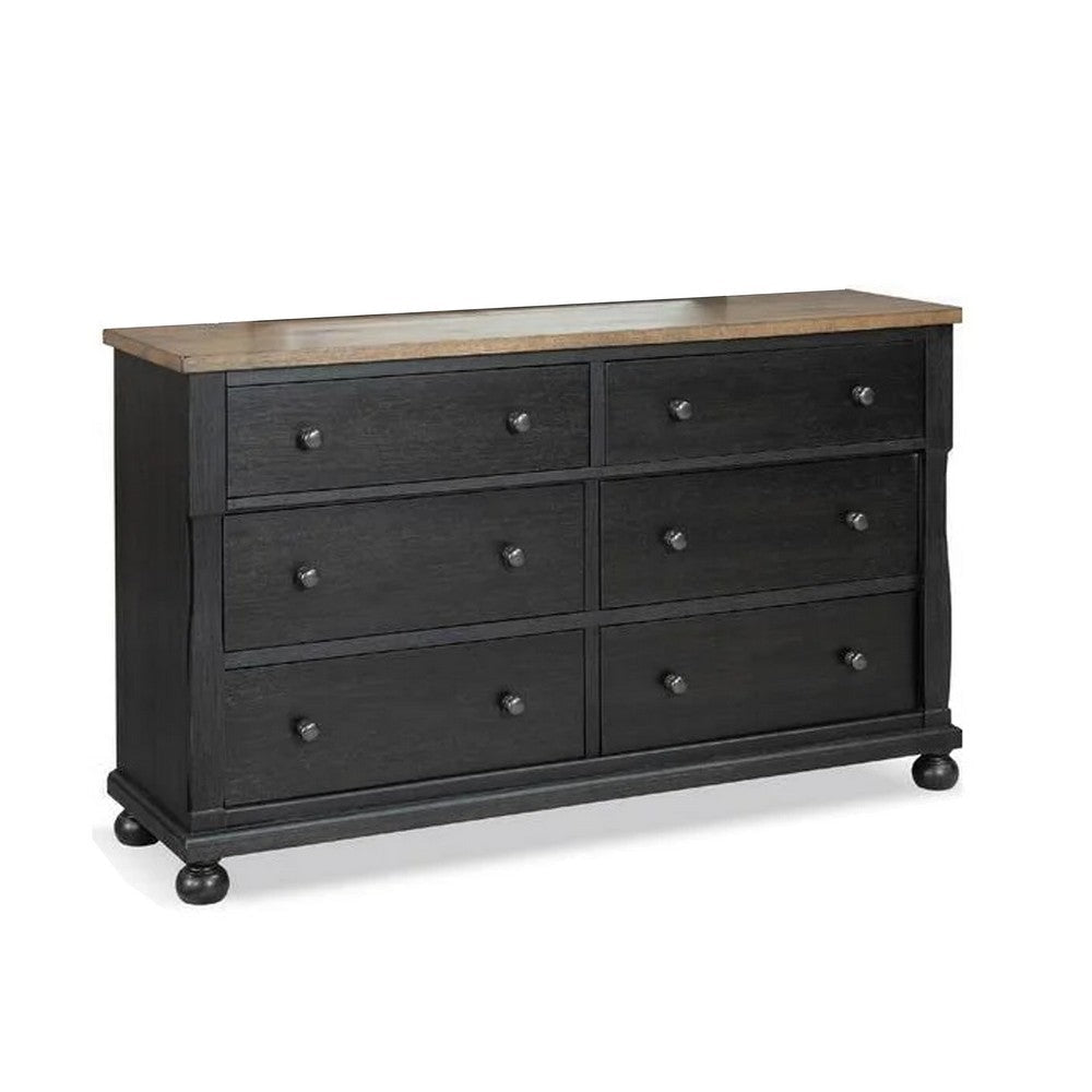 Ginie 64" Dresser | 5 Drawers and Farmhouse Legs | Black Brown Oak