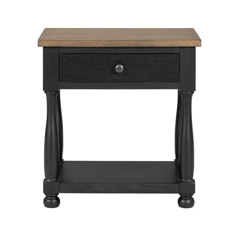 Ginie Nightstand | USB Ports | Drawer | Shelf | Black Rustic Oak Wood BM333802