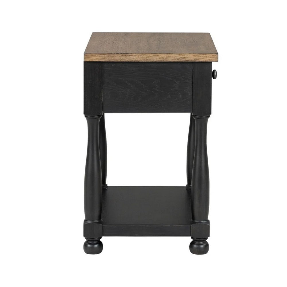 Ginie Nightstand | USB Ports | Drawer | Shelf | Black Rustic Oak Wood BM333802