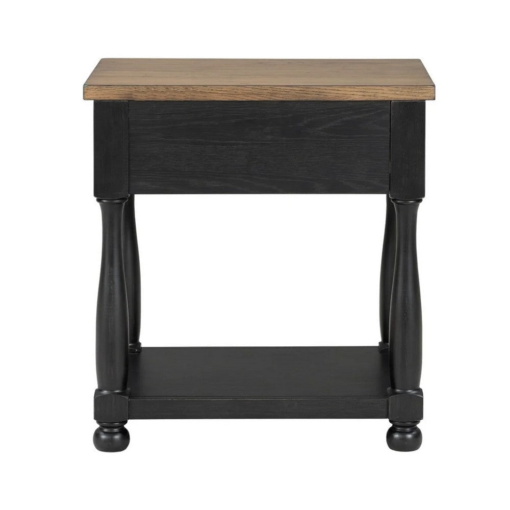 Ginie Nightstand | USB Ports | Drawer | Shelf | Black Rustic Oak Wood BM333802