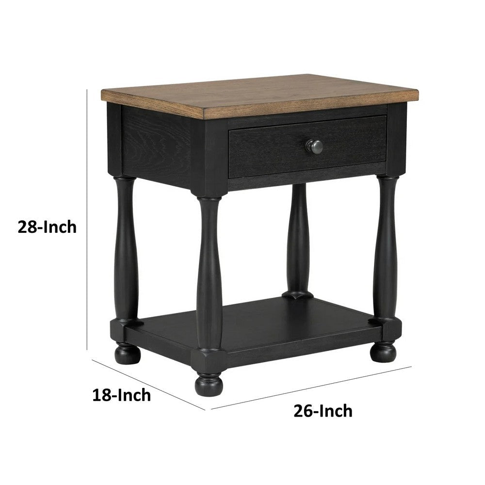 Ginie Nightstand | USB Ports | Drawer | Shelf | Black Rustic Oak Wood BM333802