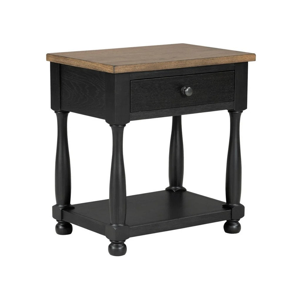 Ginie Nightstand | USB Ports | Drawer | Shelf | Black Rustic Oak Wood BM333802